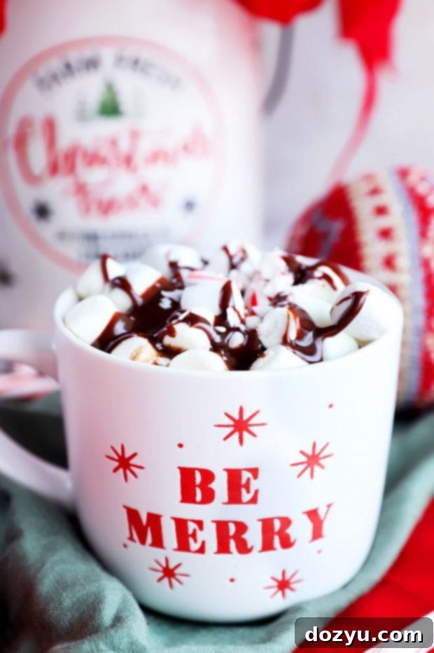 The Ultimate Slow Cooker Hot Chocolate 4 Side image of a festive 'Be Merry' mug filled with hot chocolate and marshmallows