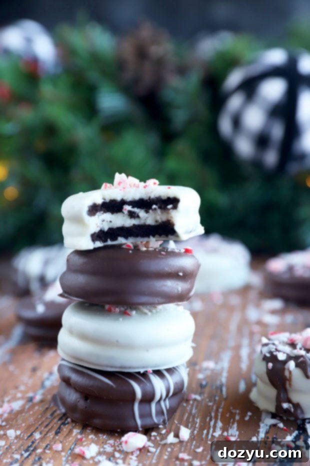 Effortless Chocolate Oreo Treats 3 Stack of festive chocolate covered oreos image, beautifully layered and ready for gifting or serving.