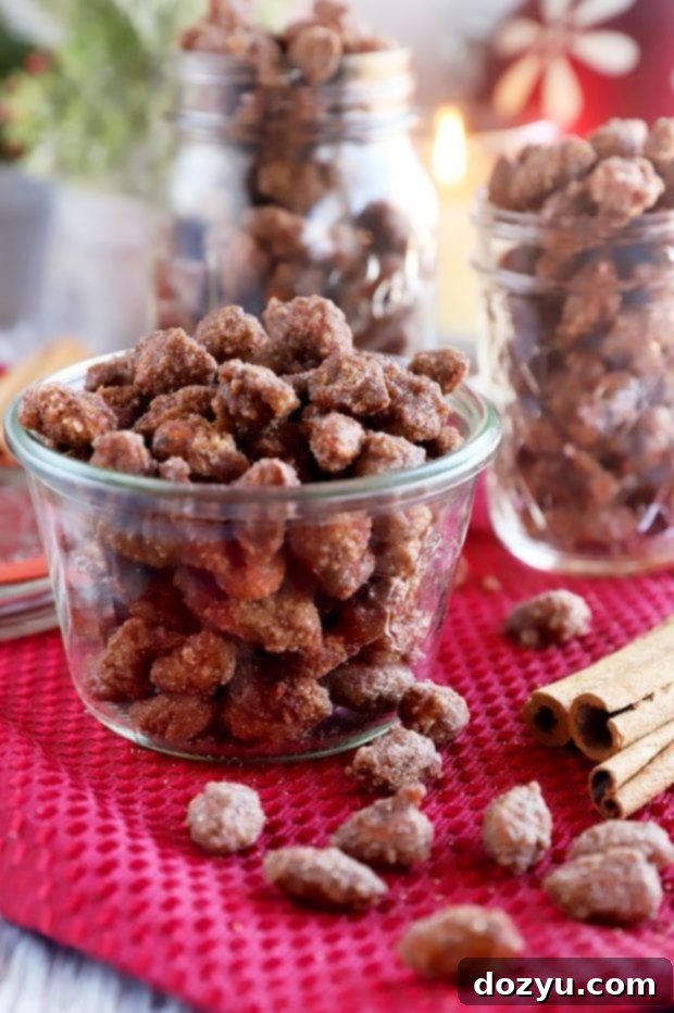 Slow Cooker Candied Cinnamon Almonds 2 Beautifully packaged crockpot cinnamon almonds in clear mason jars, ready for gifting during the holidays.