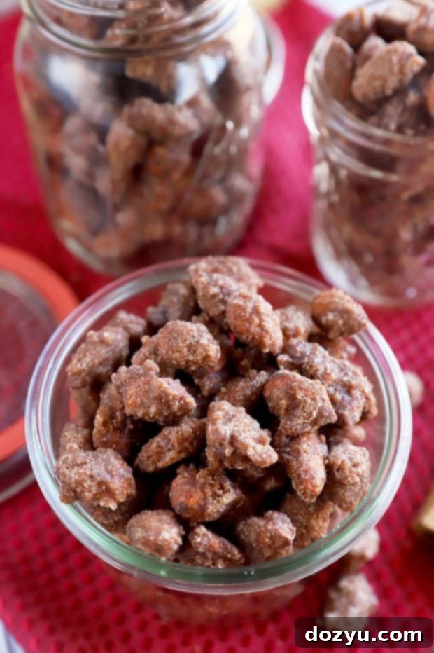 Slow Cooker Candied Cinnamon Almonds 3 Close-up of crockpot cinnamon almonds in a rustic mason jar, highlighting their perfectly candied coating.