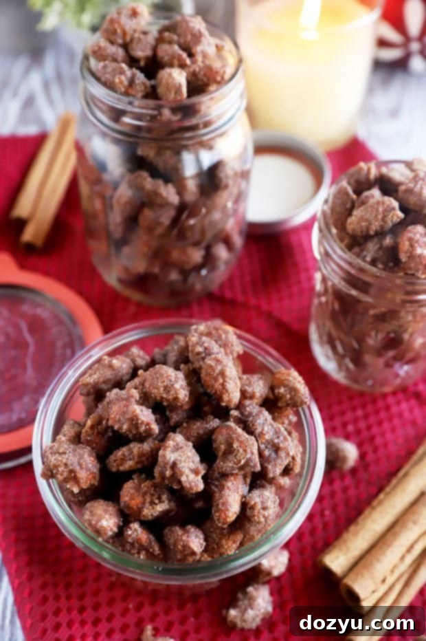 Slow Cooker Candied Cinnamon Almonds 7 Several mason jars filled with freshly made cinnamon almonds, decorated with ribbons, showcasing their potential as homemade gifts.