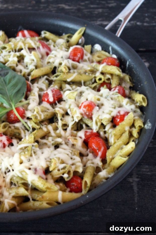 One-Pan Caprese Pasta 2 Caprese Pasta Skillet with melted cheese and fresh basil