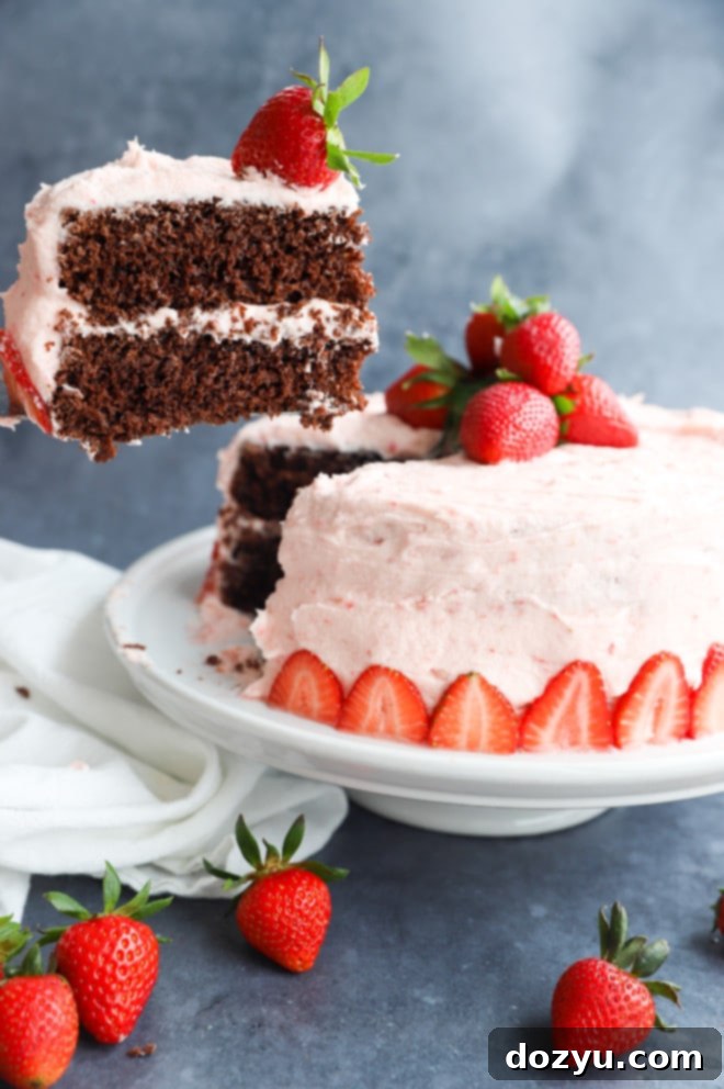 Luscious Chocolate Strawberry Cake 4 Picture of lifting out a slice of chocolate strawberry cake