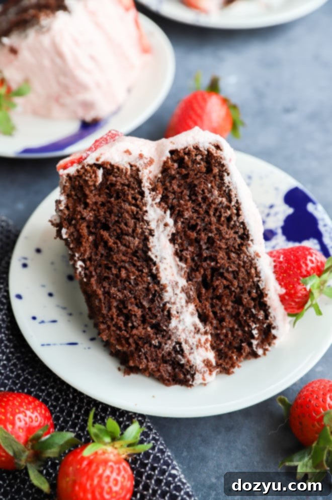 Luscious Chocolate Strawberry Cake 8 Slice of chocolate cake with strawberry frosting image
