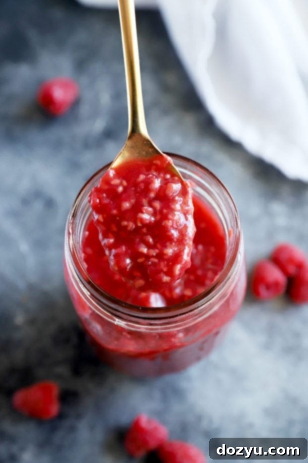 Ruby Raspberry Reduction 2 Spoonful of bright red raspberry sauce