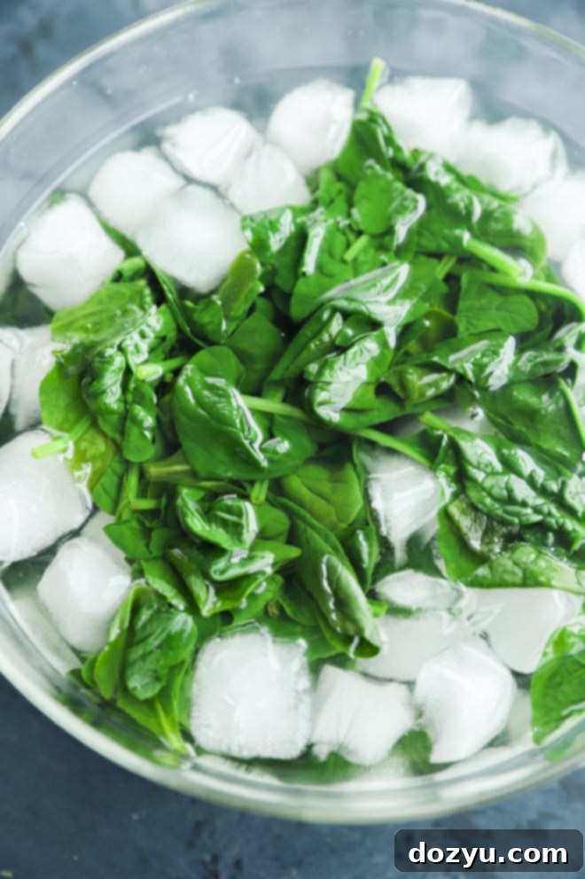 Creamy Spinach and Artichoke Goat Cheese Dip 5 Blanched spinach cooling in an ice water bath