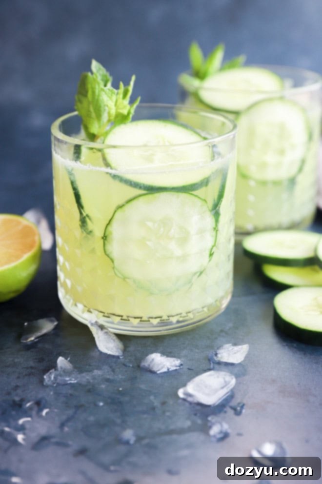 Garden Fresh Margarita 5 Vegetable tequila cocktail in glasses with mint sprigs