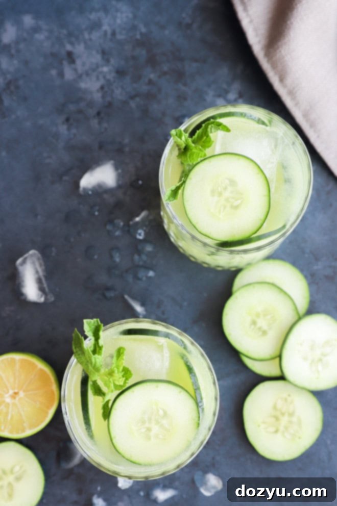 Garden Fresh Margarita 6 Overhead cucumber margaritas glasses with fresh vegetables and lime half