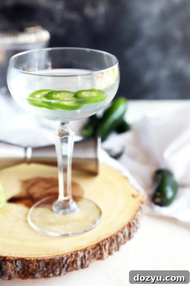 Fiery Jalapeño Gimlet 5 Side photo of gimlet with vodka and jalapeños