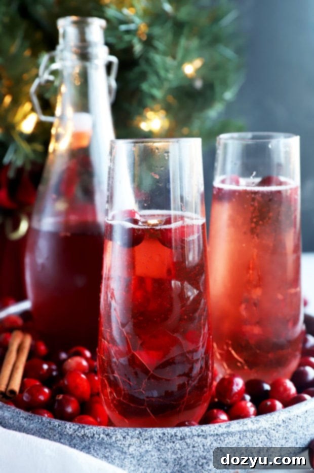 Glasses of cranberry sparkler cocktail garnished with fresh cranberries