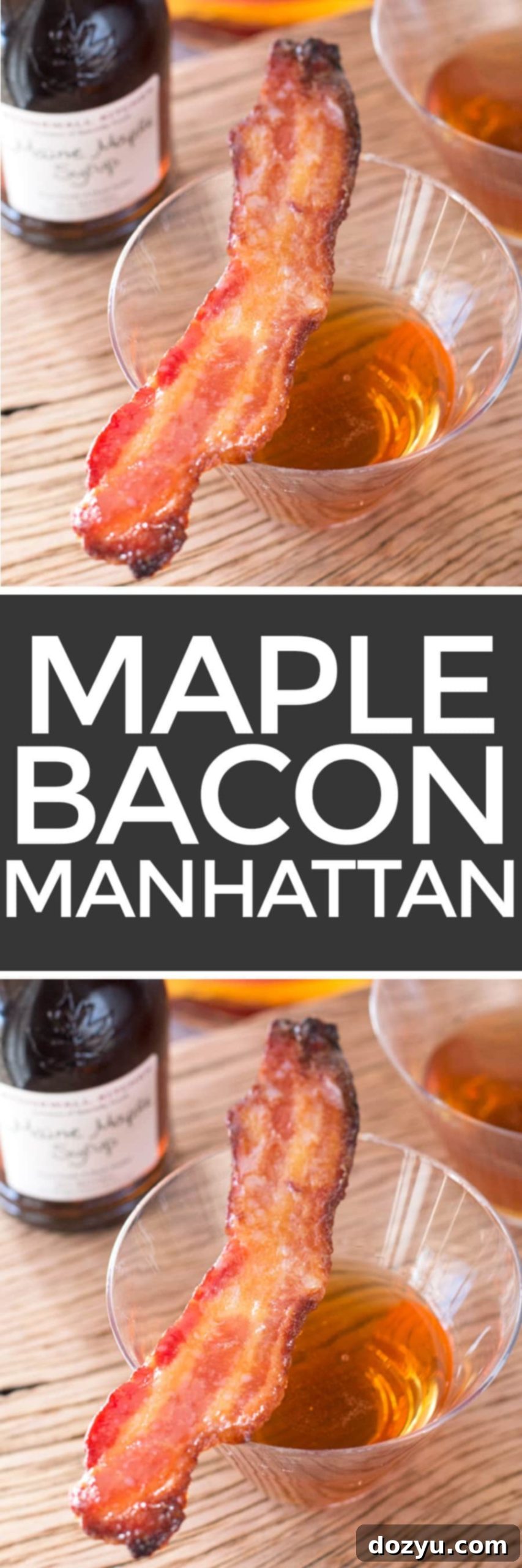Large Pinterest pin image for Maple Bacon Manhattan recipe, featuring the cocktail and candied bacon.