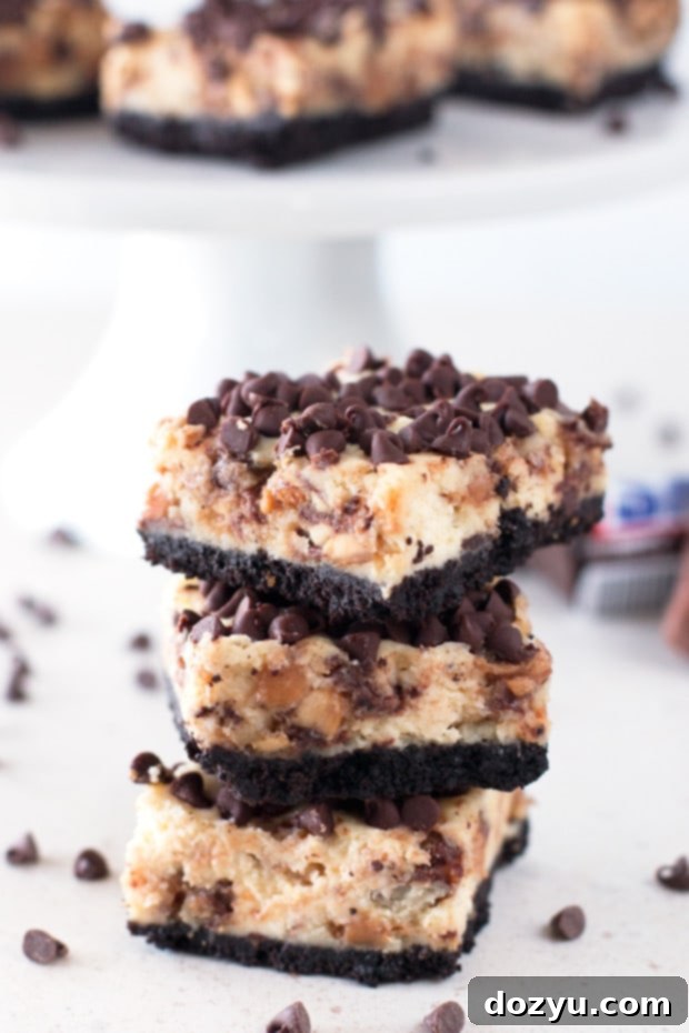 Decadent Snickers Caramel Cheesecake Bars 3 Close-up of Snickers Caramel Cheesecake Bars revealing the chocolate crust and Snickers chunks