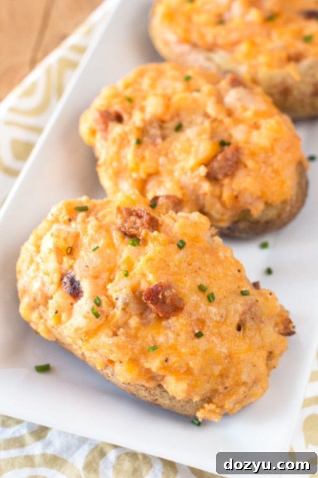 The perfect Cajun Shrimp & Andouille Sausage Stuffed Potatoes, ready to serve.