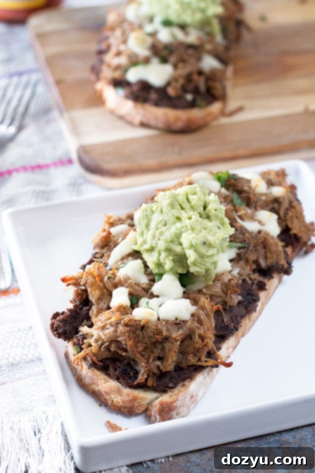 A beautifully composed Mexican Pulled Pork Tartine topped with colorful ingredients.