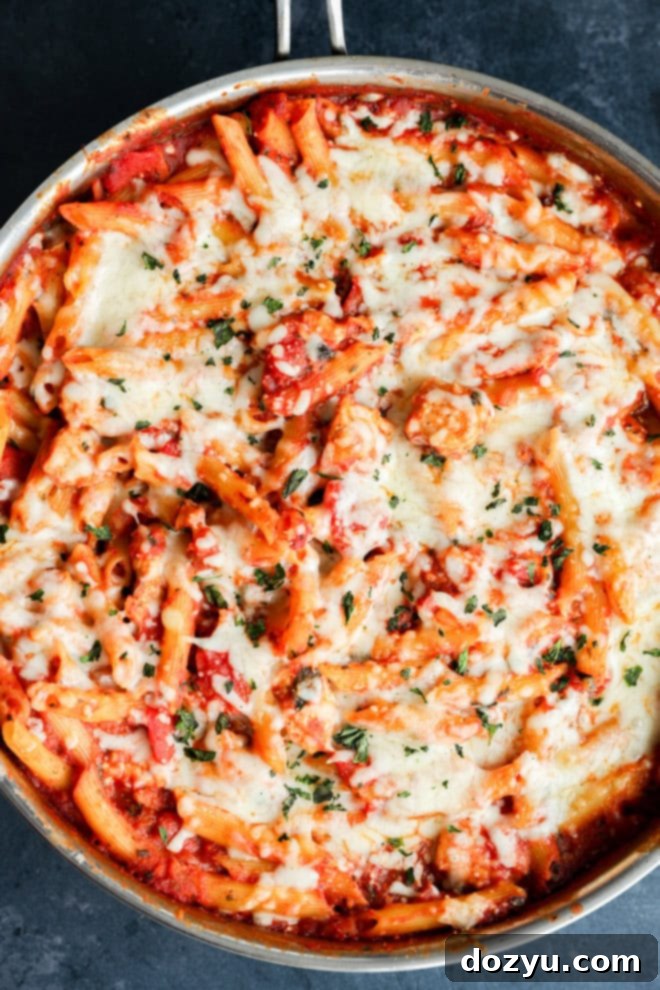 chicken parmesan pasta skillet after baking in the skillet