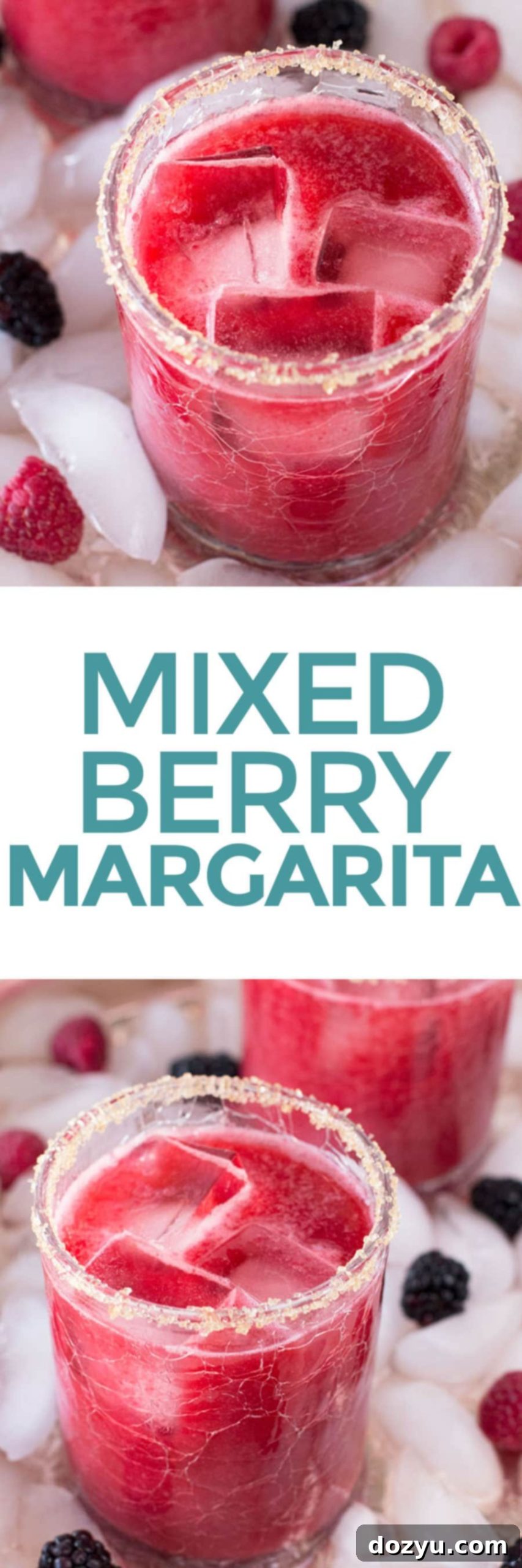 Pin this Mixed Berry Margarita recipe for later - a beautiful vertical image of the vibrant cocktail with fresh berries.