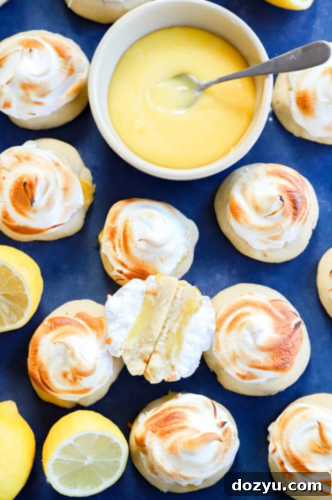 Lemon Curd Meringue Cookies 5 Image of mini lemon meringue pie desserts, showing the perfect size and fluffy topping