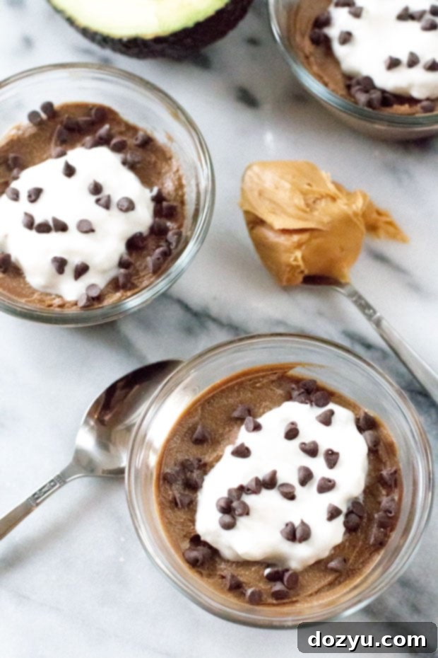 A bowl of chocolate avocado peanut butter pudding, a perfect vegan summer dessert