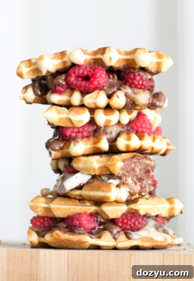 Mouthwatering Raspberry Nutella Brie Waffle Sandwiches on a white plate, showcasing melted brie and gooey Nutella with fresh raspberries