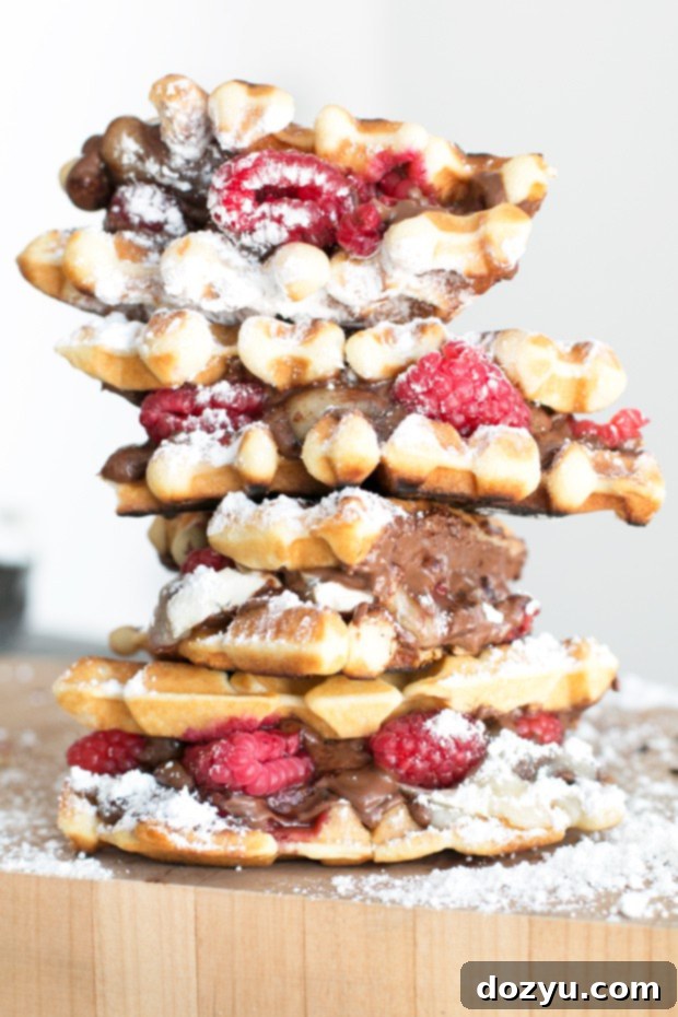 Raspberry Nutella Brie Waffle Sandwiches generously dusted with powdered sugar, ready to be served