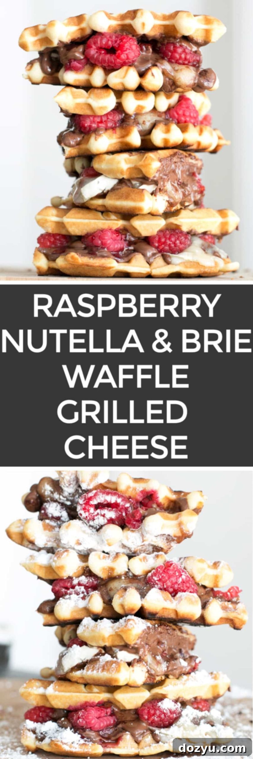 Sweet & Savory Raspberry Nutella Brie Waffle Sandwiches 9 Raspberry Nutella Brie Waffle Sandwiches pin for Pinterest, showing a stack of sandwiches