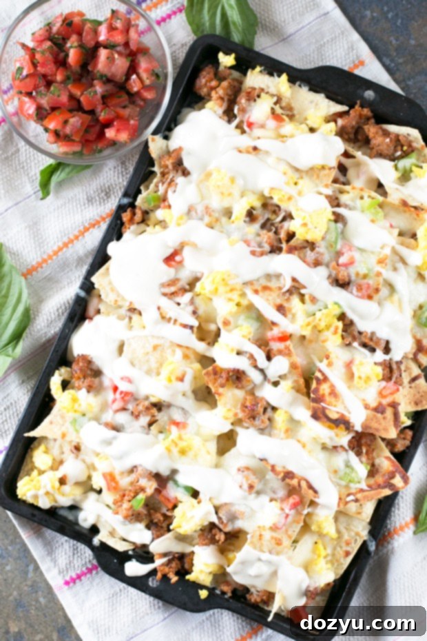 Close-up of freshly made Breakfast Italian Nachos with a golden-brown top