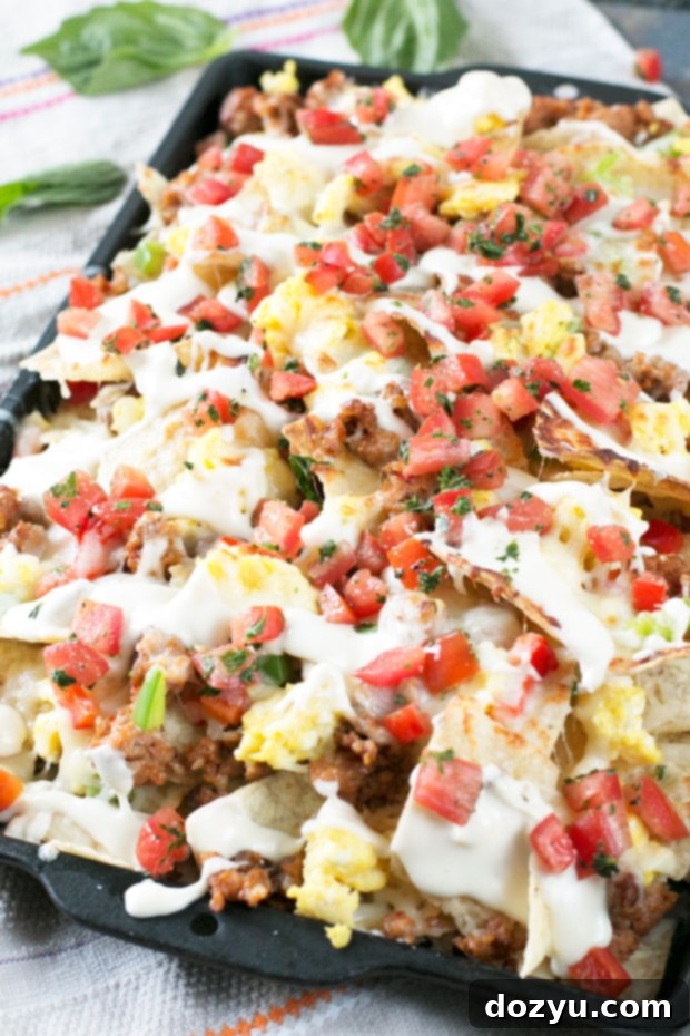 Breakfast Italian Nachos served on a baking sheet, ready to be enjoyed