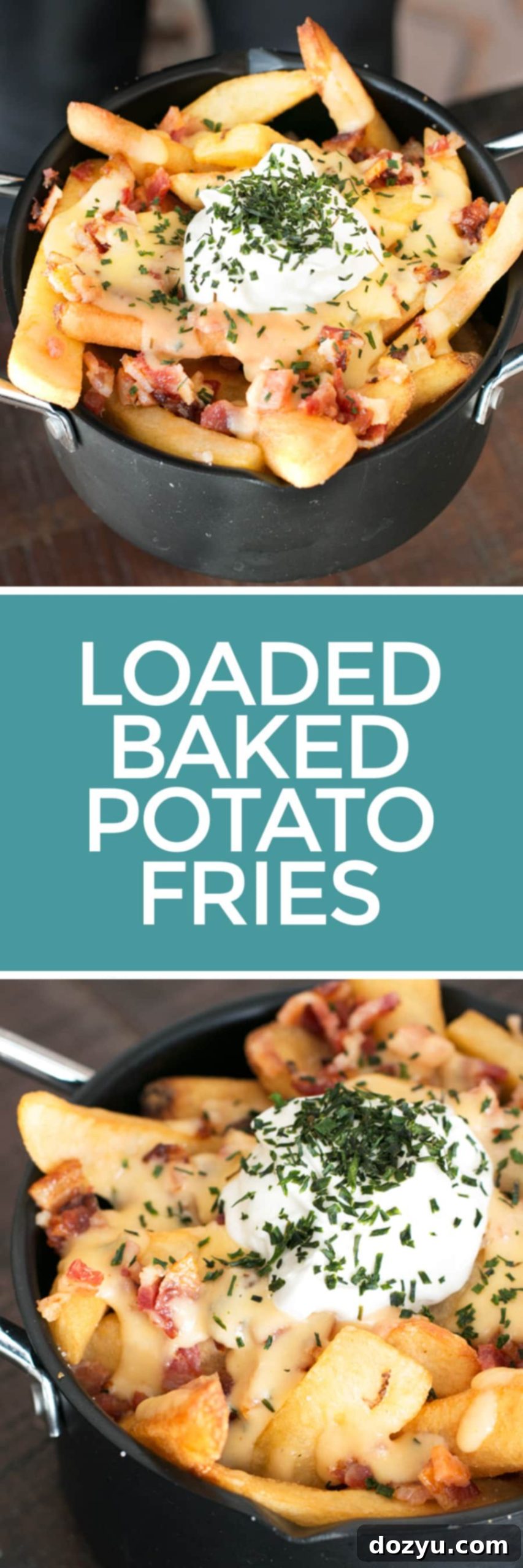 Fully Loaded Baked Potato Fries 8 Pinterest Pin: Loaded Baked Potato French Fries with toppings