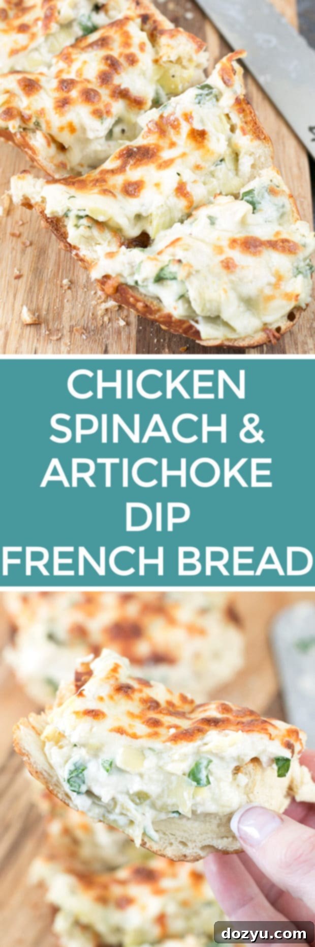Pin this delicious Chicken Spinach & Artichoke Dip French Bread recipe for your next game day or party | cakenknife.com