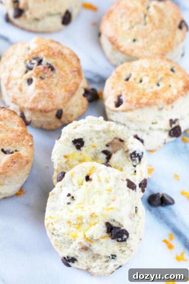 Close-up of a stack of freshly baked Orange Dark Chocolate Chip Scones, showing the chocolate chips and orange zest.