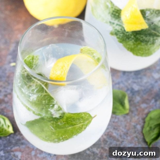 Refreshing Lemon Basil Gin & Tonic 7 Lemon Basil Gin & Tonic, garnished with fresh lemon and basil leaves.
