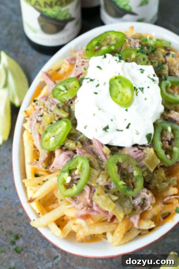 Green Chili Pulled Pork Cheese Fries | cakenknife.com
