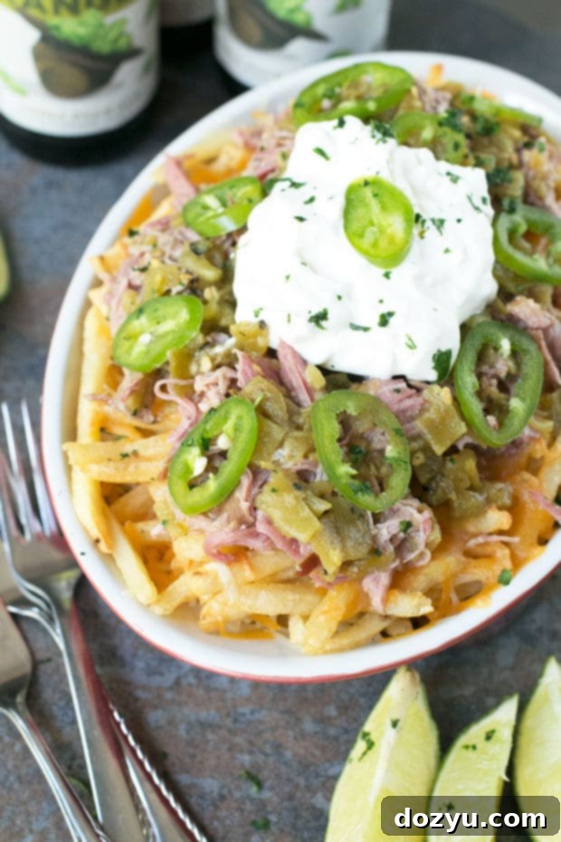 Green Chili Pulled Pork Cheese Fries | cakenknife.com