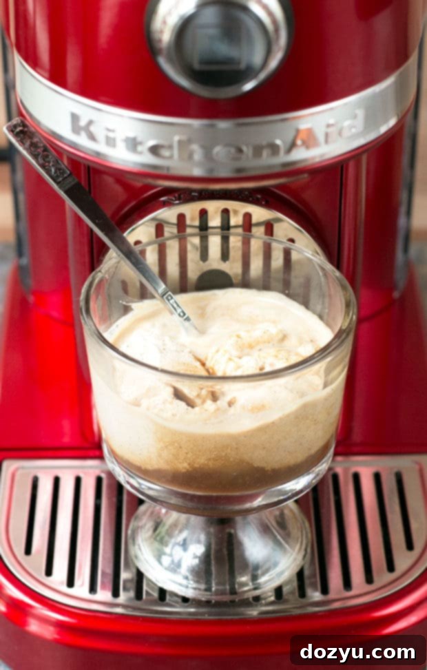 Boozy Pumpkin Spice Affogato With a KitchenAid Giveaway 2 A beautifully presented glass of Boozy Pumpkin Spice Affogato, featuring a scoop of pumpkin ice cream with espresso and vodka poured over it.