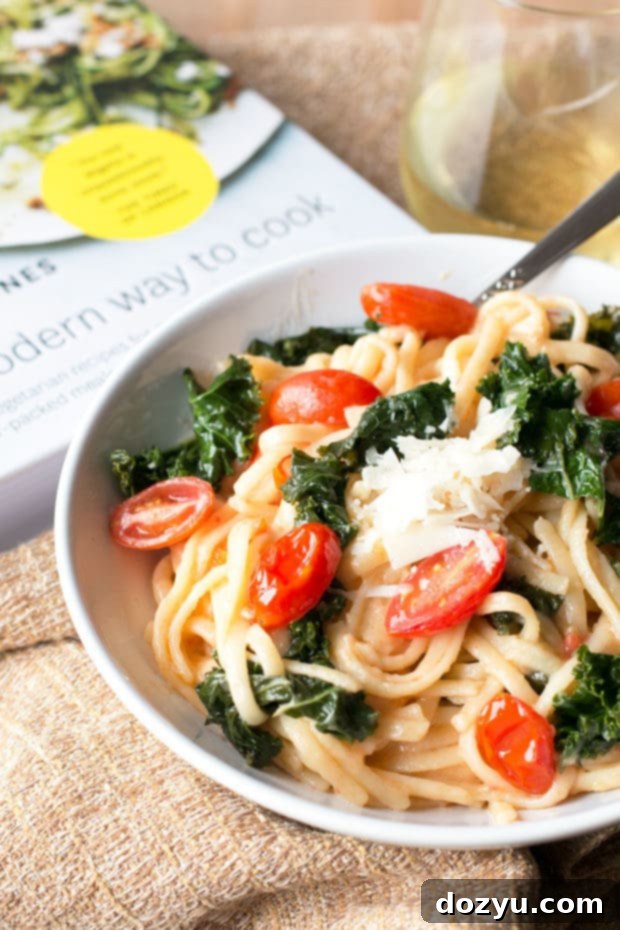 A Modern Way to Cook Review Highlighting Kale Tomato Lemon One Pot Spaghetti 2 Vibrant Kale, Tomato, and Lemon One-Pot Spaghetti ready to be served, showcasing its rich sauce and fresh ingredients.