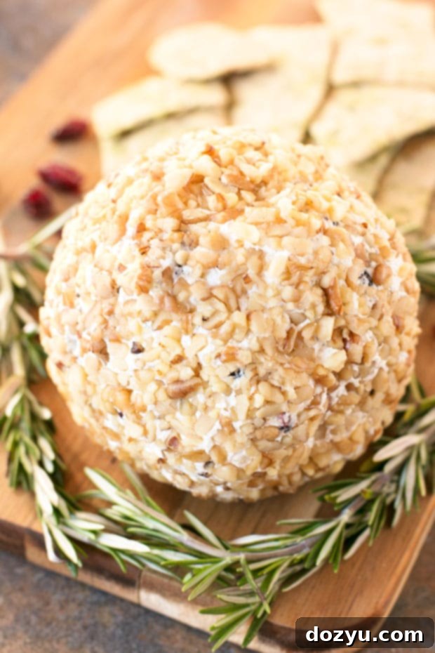 Close-up of Cranberry Walnut Goat Cheese Ball with crackers