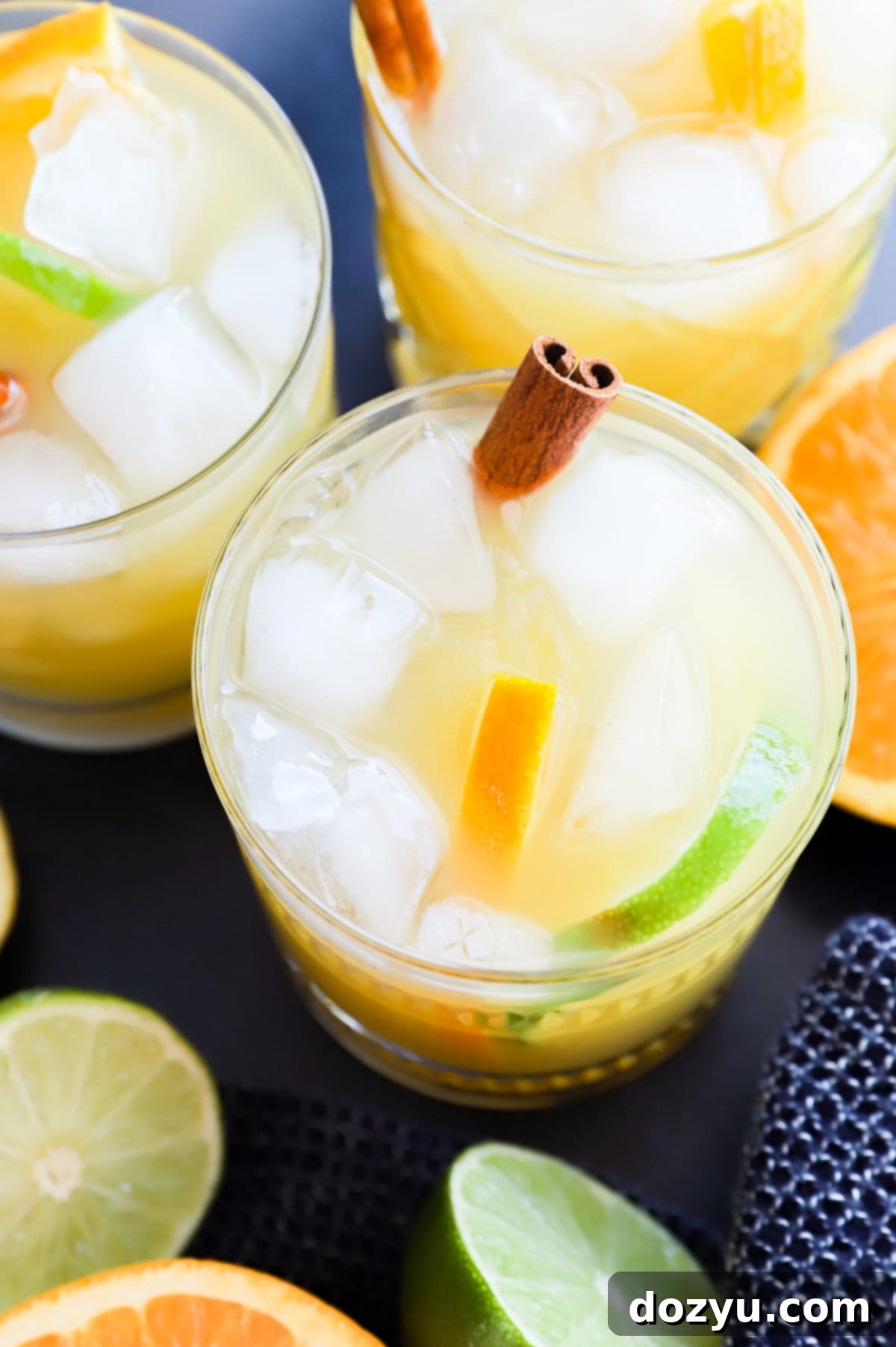 Spiced Rum Fiesta 9 spiced rum punch in glasses with cinnamon sticks