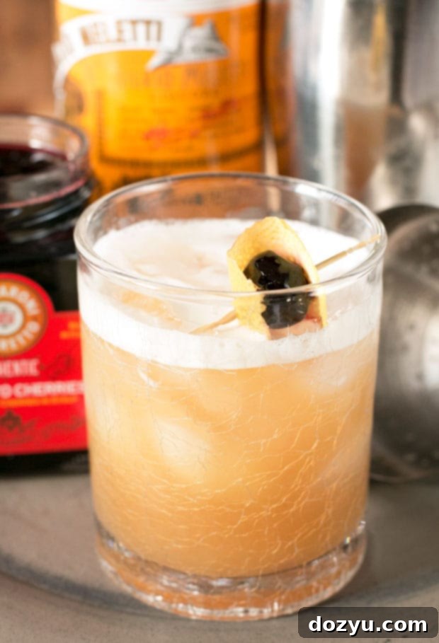 Cookbook Review: Amaro + the Amaro Sour Cocktail | cakenknife.com - Close-up of an Amaro Sour cocktail with a beautiful egg white foam