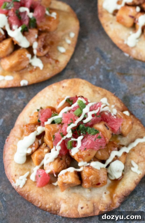 Close-up of freshly made Citrus Jalapeño Chicken Tostadas ready to be served