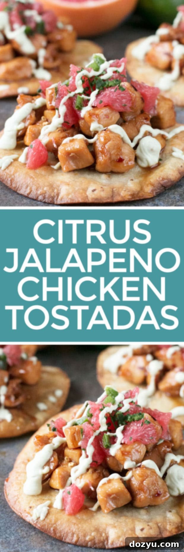 Pinterest pin for Citrus Jalapeño Chicken Tostadas recipe with fresh ingredients