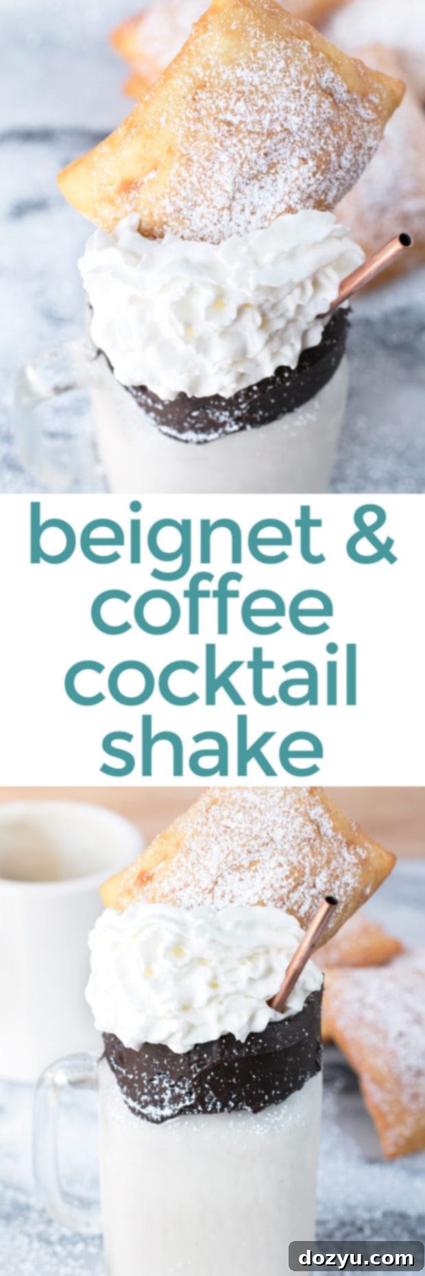Spiked Beignet Coffee Shake 7 Pinterest graphic: Decadent Beignet and Coffee Cocktail Shake recipe for Mardi Gras celebration