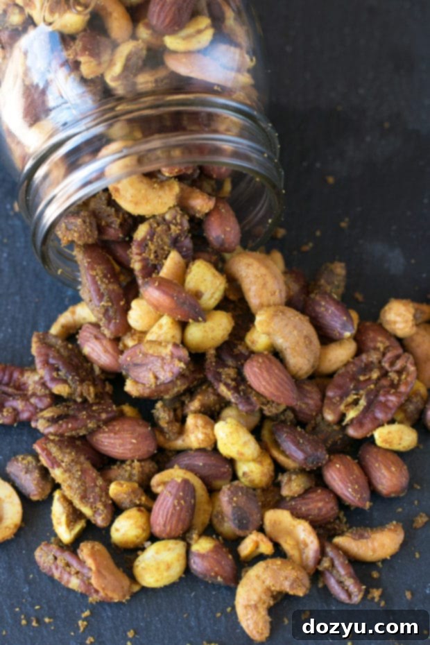 Aromatic Curried Nut Blend 2 Sweet and Spicy Curried Nut Mix - perfect for a quick, healthy, and flavorful homemade snack or trail mix. Features cashews, almonds, pecans, pistachios, and peanuts seasoned with curry and brown sugar.