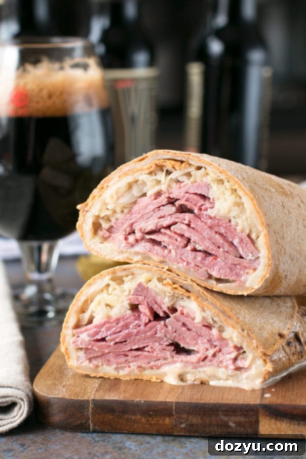 Delicious Irish Corned Beef Reuben Wrap on a cutting board, perfect for lunch or St. Patrick's Day