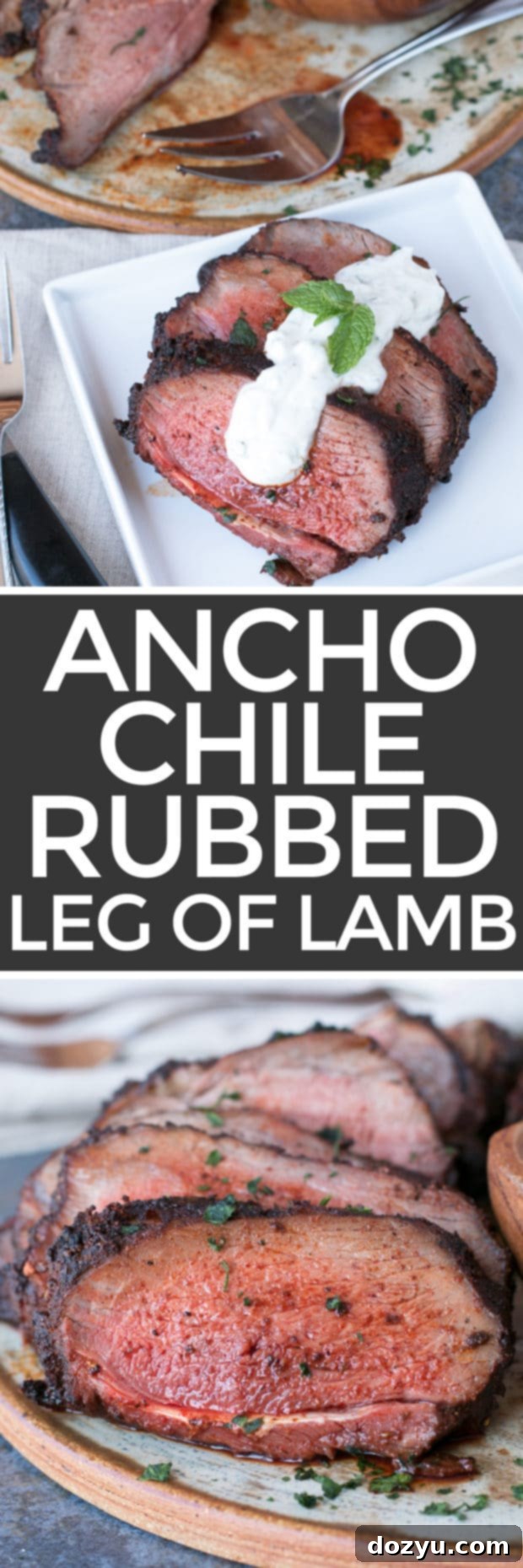 Pin this delicious Ancho Chili Rubbed Leg of Lamb with Mint Yogurt Sauce for your next Easter dinner inspiration!