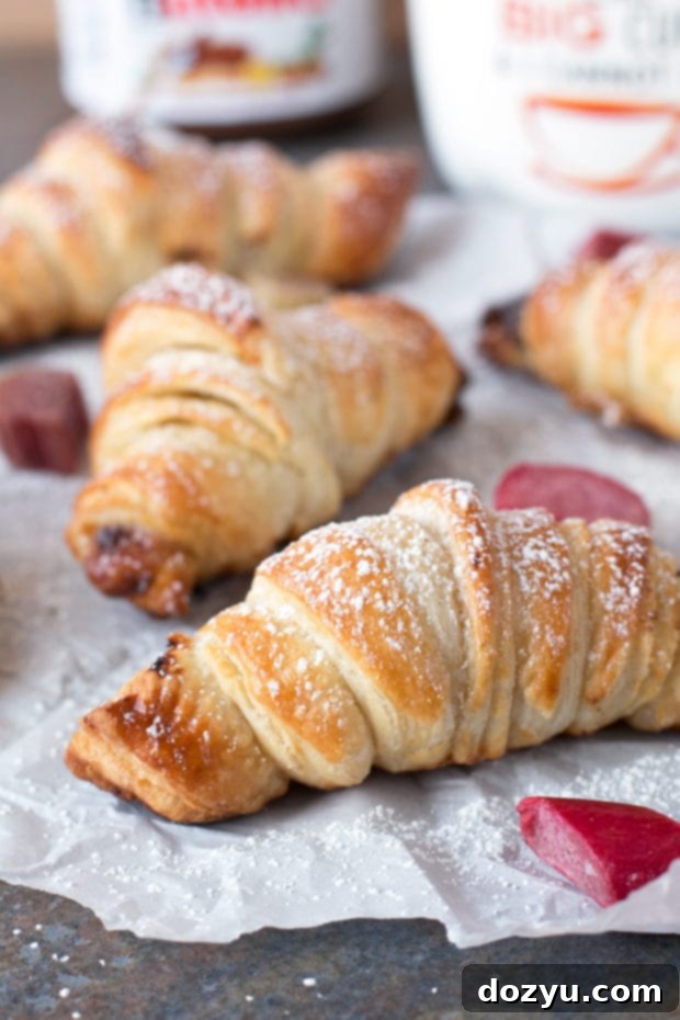 A plate of two Nutella Rhubarb Puff Pastry Croissants, dusted with powdered sugar, ready to be enjoyed | cakenknife.com #breakfast #brunch #pastry