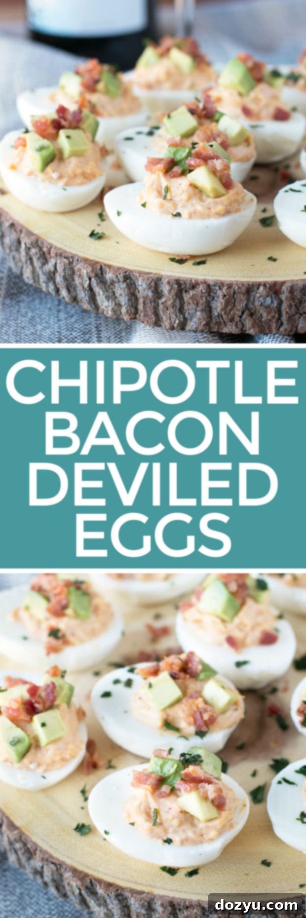 Pinterest pin for Chipotle Bacon Deviled Eggs recipe, featuring multiple images of the finished dish.