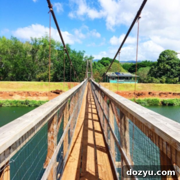 Tourists crossing the historic Hanapepe Swinging Bridge in Kauai, an iconic landmark in the charming town. Keywords: Hanapepe Swinging Bridge, Kauai attractions, historic bridge, Hanapepe town.