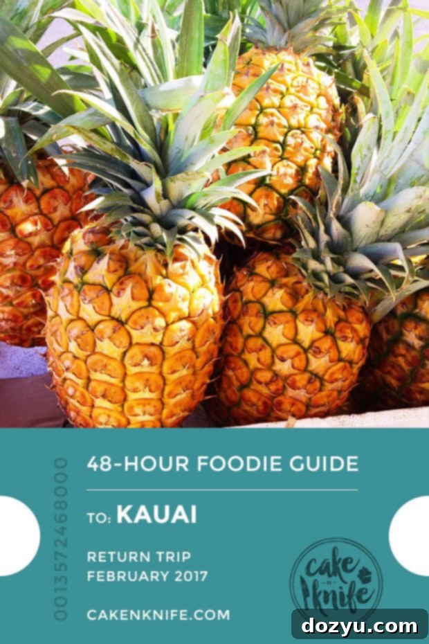 A vibrant flat lay of Hawaiian food and drinks, featuring a fresh coconut, tropical fruits, and a map of Kauai, hinting at a 48-hour foodie adventure guide. Keywords: Kauai food guide, Hawaii travel, tropical drinks, foodie itinerary, pin for later.
