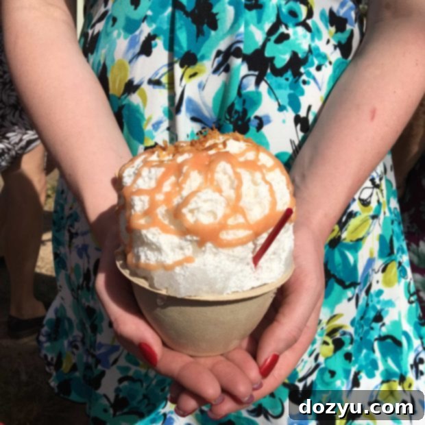 A vibrant bowl of Wailua Shave Ice with fresh fruit toppings, highlighting the natural ingredients and tropical flavors. Keywords: Wailua Shave Ice Kauai, best shave ice, tropical dessert, Kapaa food.