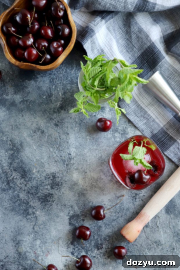Cherry Bomb Whiskey Smash 5 Overhead flat lay photo showing cocktail ingredients: whiskey, cherries, mint, and a lemon slice arranged around an empty cocktail glass.